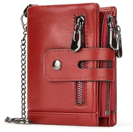 FORRICA Portafoglio Uomo Blocco RFID Vera Pelle Portamonete con Catena Porta Carta di Credito Cerniera Borsellino Pelle Portafogli Bifold Rosso B