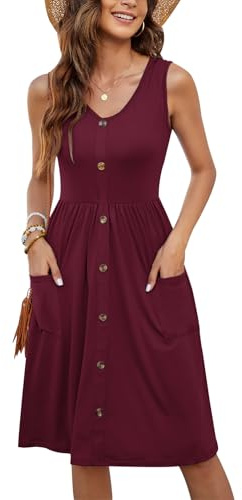 MOLERANI Damen Sommerkleider Ärmellos Midikleid mit Taschen Weinrot L