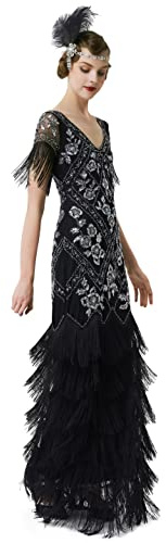 BABEYOND Damen-Flapper-Kleid, 1920er-Jahre, V-Ausschnitt, Abendkleid, Pailletten, Perlen, Maxikleid für Hochzeit, Grün, Gold