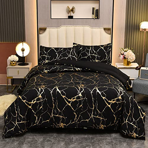 Bettwäsche 135x200 4teilig Schwarz Gold Muster Marmor Aesthetic Microfaser Bettwäsche Set Luxus Modern Bettbezug Set mit Metallic-Glitzermuster Teenager Wendebettwäsche und Kissenbezüge 80x80