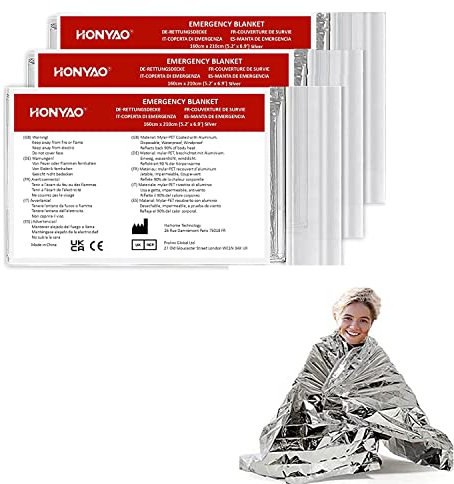 HONYAO® Coperta Termica 3 Pezzi, Coperta Termica Emergenza Argento, 210×160cm, Coperta Termica Sopravvivenza, per Salvataggio Protegge da Freddo, Pioggia, Calore e Vento, All'aperto