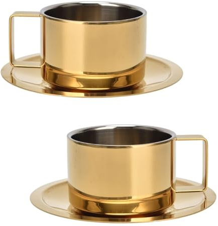 2 Espressotassen und Untertassen, goldene Kaffeetasse, Edelstahl-Demitasse-Tassen, exquisite kleine Luxus-Kaffeebehälter Espresso Tassen Kaffeetasse und Teller Set für Latte Cappuccino-Tee, 200 ml