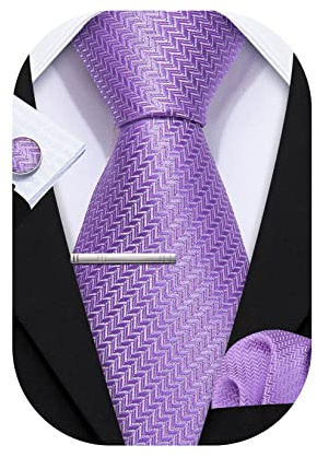 Barry.Wang Ensemble de cravates pour homme en satin classique uni avec carré de poche, boutons de manchette et clip - 4 pièces pour mariage, événement formel ou affaire, Violet lavande., taille unique