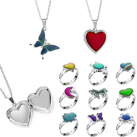 Yolev 9 Pièces Anneaux d'Humeur 2 Pièces Collier d'Humeur Anneaux à Changement de Couleur Taille Réglable Ensemble de Bagues d'Humeur Changement d'Anneaux Collier de Coeur Accessoires de Déguisement