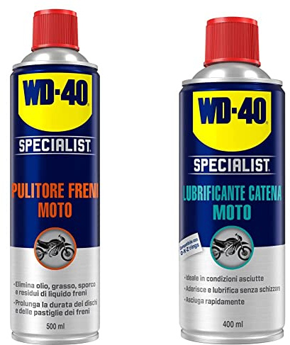 WD-40 Specialist Moto - Pulitore Freni Spray - 500 ml & Specialist Lubrificante Catena Moto Spray, 400 ml, ideale in condizioni asciutte, compatibile con O-X-Z rings