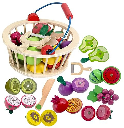 Smartwo Wooden Fruits Cutting Toys, Pretend Play Food Sets with Wooden Basket for Children Kitchen, Kids Supermarket Game Accessories, Picnic Role Play, Gift For Toddler Boys Girls 3+ Years old