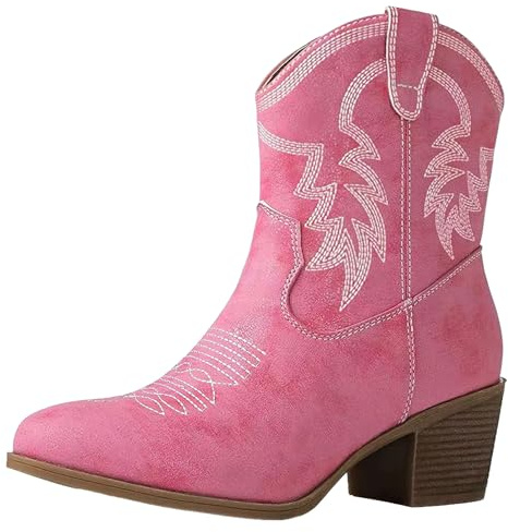 ANUFER Women's Mid Calf Cowboy Boots Embroidered Block Heel Side Zipper Western Shoes SN079163D Pink UK5