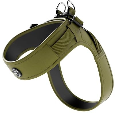 BullyBillows Boomerang Hundegeschirr leicht und Nicht einschränkend Einfach anzulegen und abzunehmen | Hochwertiges Hundegeschirr mit Klettverschluss | Olivgrün | Mittel