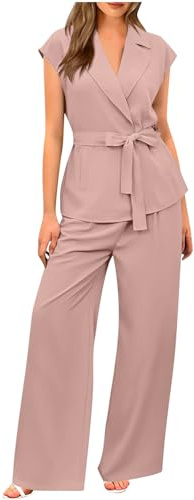 AMhomely Business 2 Piece Suit for Women Smart Casual Outfits for Office Sleeveless Blazer Waistcoats Wide Leg Trousers with Belt Smart Casual Outfits Solid Lapel Suit Jacket Pants Sets Pink L