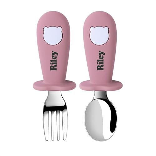TYRY.HU Baby Löffel und Gabel Fütterung mit Namen Set Kinderbesteck Besteckset Gegenkokals Mit Silikon Griffe Esslernbesteck Selbstfüttere Utensilien für Baby LED Absetzerhäuser
