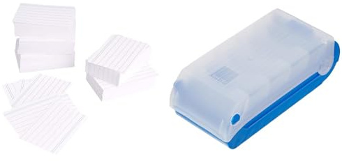 Amazon Basics A8 Karteikarten (7,4 cm x 5,2 cm), liniert, Weiß, 1000 Stück & TimeTex Karteikasten für A8 Kunststoff, Blau