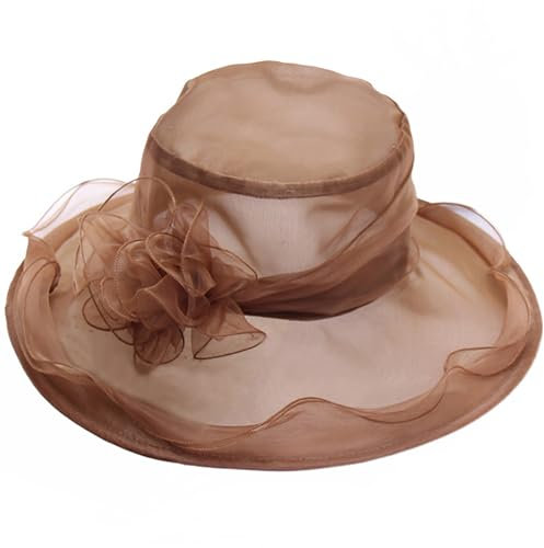 Reyox Damen Fascinator Hut Organza Rüschen Blumen Sonnenhut für Hochzeit Ascot Karneval Tee Party Braun 2