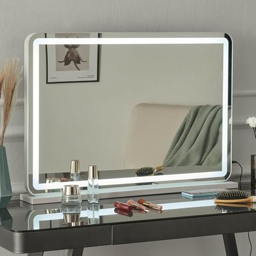 Ereousa Hollywood Spiegel mit dimmbarer Beleuchtung, 80x55 cm Schminkspiegel mit 3 Lichtfarben und Touchscreen, langlebiger Schminktisch Spiegel für Make-up | 3 Lichtfarben, stufenlos dimmbar, Touchsteuerung, USB-Anschluss, als Tisch- oder Wandspiegel nutzbar