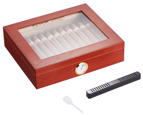 VEVOR Humidor per Sigari, Scatola Humidor con Piano in Vetro Legno di Cedro Spagnolo Fatto a Mano, Custodia per Sigari con Umidificatore, Igrometro e Divisore, 10-25 Sigari, Ottimo Regalo per Uomini