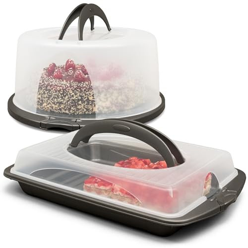 Hausfelder Kuchentransportboxen 2er Set, Vorteilspack - 1x rund, 1x rechteckig für Blechkuchen,