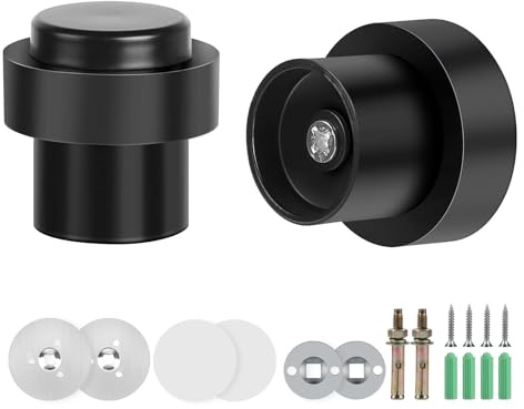 SWAWIS 2 Stück Schwarz Türstopper Boden aus 304 Edelstahl | Selbstklebend mit Aufkleber und Schrauben, Wand ø 32mm, Höhe 45mm, 3 Einbauverfahren