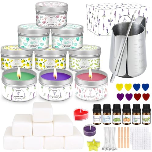 LDUMODUW Juego de velas para hacer tú mismo, kit de fabricación de velas para adultos principiantes, juego de regalo con 480 g de cera de soja, 9 latas de velas, 6 aceites aromáticos, 8 colores