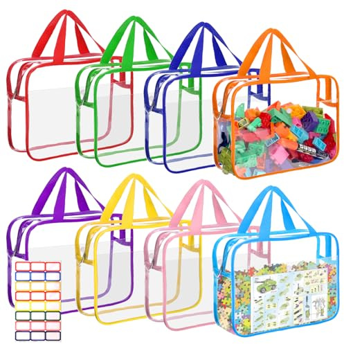 8 Packs Large Toy Storage Bags with Labels&Manual Pocket, Reusable Clear PVC Board Game Storage Bags, Travel Waterproof Organizer Bags with Zipper for Building Blocks, Puzzle, Toys
