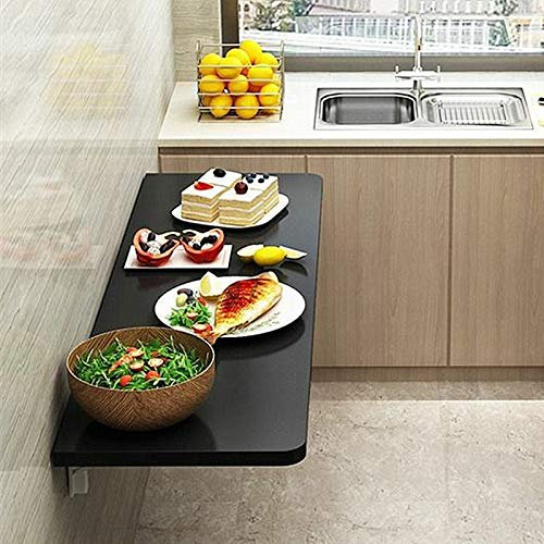 Mesa flotante de hojas colgantes montada en la pared con estantes, escritorio plegable de cocina para el hogar, oficina, dormitorio, estantería de madera, mesas de aprendizaje, color negro (31 x 16