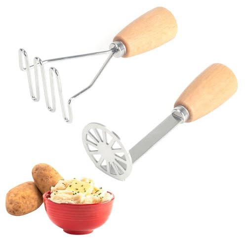 VirtuGro 2PCS Machacador de Patatas Aplastador de Patatas Prensa Patatas Acero Inoxidable Potato Masher Con Mango de Madera Para Puré de Patatas Mermeladas Verduras y Frutas