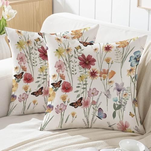 Jayusaror Housses de Coussin 40 x 40 Fleur Colorée Printemps Exterieur Aesthetic Moderne Plante Décoratif Taie d'oreiller pour Canapé Maison Jardin Décoration, Lot de 2 Housse Coussin