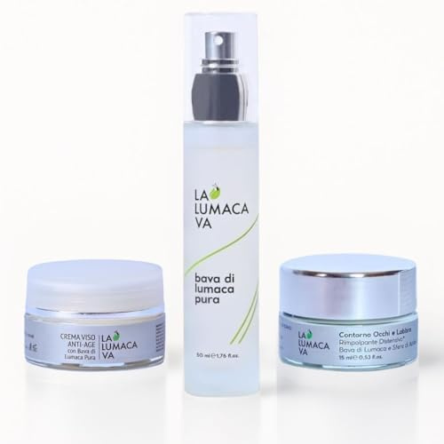 LA LUMACA VA Kit Skincare Viso 3 in 1, Siero Anti Imperfezioni, Crema Viso Nutriente e Contorno Occhi alla Bava Di Lumaca e Acido Ialuronico - Anti-age Illuminante Lenitivo Rimpolpante - Made in Italy