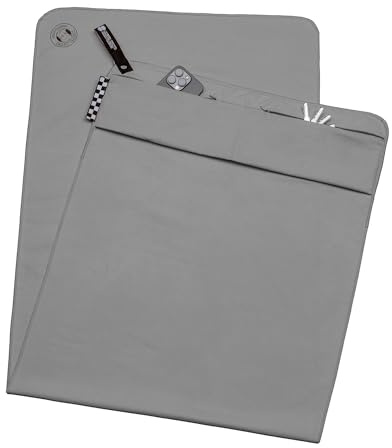 Mister Nick's Fitness Handtuch, mit Magnet & 2 Reißverschluss Taschen, kompakt, Mikrofaser, ideal für Fitness-Studio, schnelltrocknend & leicht, Gym Handtuch mit Kaputze für Sportbank (grau)
