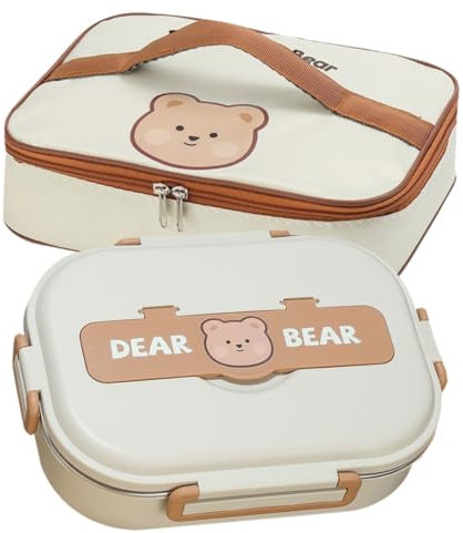 Lunch Box Niños con Bolsa Térmica de Transporte. 4 compartimentos + bowl con cierre hermético - Incluye Cubiertos - Ideal para la escuela y excursiones - Conejo y Oso (Oso - Marron)