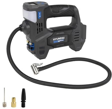 HYUNDAI Akku-Kompressor IF20S | Li-Ion, 20V, 10 bar, 70 cm Schlauch | multifunktionale Luftpumpe, Autokompressor | LED- & SOS-Notlicht | Lieferumfang: Luftkompressor, 3 Adapter, OHNE Akku/Ladegerät