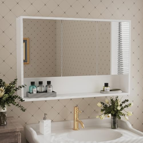 Msutree 3 Door Bathroom Mirror Cabinet, Wall Mounted Bathroom Storage Large Mirror, Durable MDF Medicine Cupboard, Space Saver for Shower Room (90cm Cabinet)