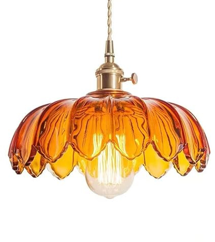 Hnexsei - Modern Lotus-Shaped Glass Pendant Light with Gold Metal E27 Socket, Rotary Switch, Vintage Hanging Ceiling Lights for Kitchen Island Bedroom (Amber)