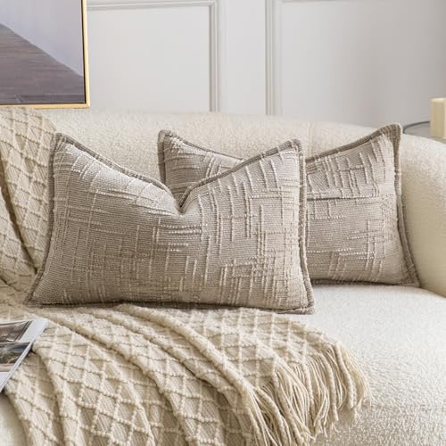 Madizz 2er Set Chenille Dekorativ Kissenbezüge Weiche neutrale Wurfkissen für Sofa Boho Akzent Zierkissenbezüge für Schlafzimmer Wohnzimmer Modernes Zuhause Dekor Taupe 40x60 cm