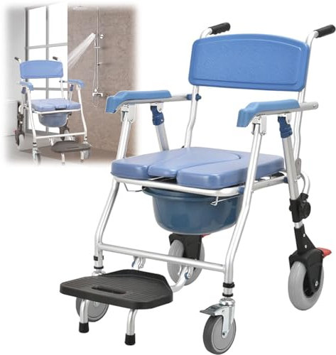 Chaise De Toilette PercéE à roulettes,Sièges De Toilettes Et Chaises Percées, Siege Douche Adulte avec Pot, Quatre Roues avec Freins,Seau Amovible pour Fauteuil Roulant,Capacité de Poids de 150 kg