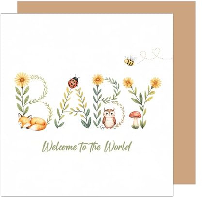 Edition Seidel Premium tarjeta de felicitación cuadrada para nacimiento con sobre. Tarjeta para bebé con texto en inglés Welcome to the World bebé niño niña chico chica (EQ140 SW025)