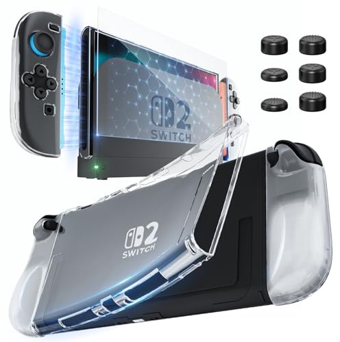 HEYSTOP Case Compatible with Nintendo Switch 2 Model, Dockable Soft TPU Clear Protective Cover Case with Switch 2 Screen Protector 6pcs Silicone Thumb Grip Caps for Nintendo Switch 2 Grip Controller