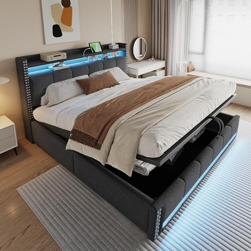 Gxffipw Doppelbett Polsterbett 180x200 cm mit USB Steckdose und LED Licht, Hydraulisches Bett mit Stauraum und Kopfteil, Stauraumbett Bettgestell mit Lattenrost, Leinen, Grau, Ohne Matratze