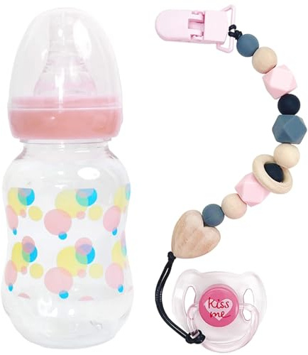 Xoeryoy Babypuppenflaschen mit Schnuller, niedliche sichere Spielzeugbabyflaschen für Puppen mit Schnuller und Kettenspaß -Simulation Puppenzubehör für Kindergeschenk