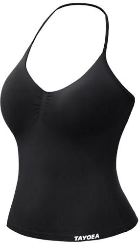 TAYOEA Tank Top Damen Bauchfreies Oberteil mit V-Ausschnitt Rückenfreies Crop Top mit Integriertem Pads Damen für Yoga Gym