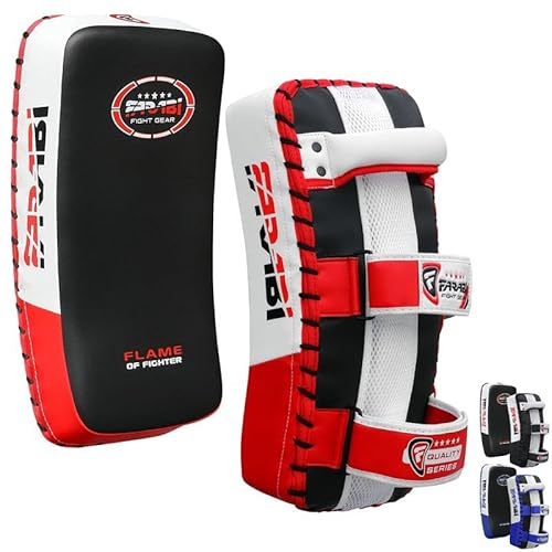 Farabi Sports Muay Thai Pad för Coaching, Träning, Kickboxning Curved Kick Pad, Thai Pads Strike Shield MMA Muay Thai Pads (Röd (Par))