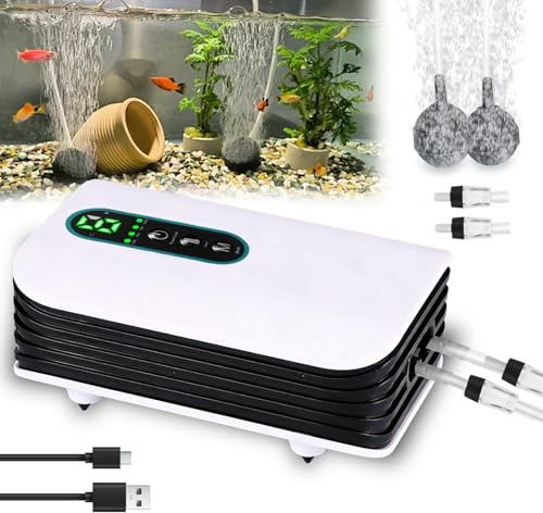 Aquarium Air Pump,Dual-Outlet Air Pump For Aquarium With 2 Air Stone Airline Tubing And Check,3w Fish Tank Air Pumps With 2600mah Battery, Silent Fish Tank Pump For Buckets And Fish Tanks