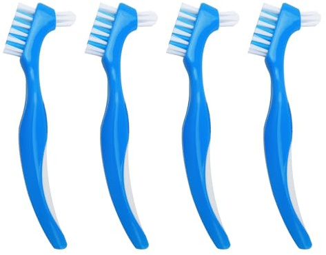 VOSSOT 4 Pezzi Spazzolino per Protesi Dentale, Spazzola Duro Doppio Testa per Dentiera e Dentali, Impugnatura Antiscivolo Ergonomica, Pulizia Profonda Compatibile con Dentifricio e Detergente