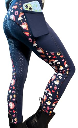Englander Equestrian Aiya Childs Unicorn Horse Riding Tights Full Seat Silicone Grip Leggings with 5 cm Covered Waistband Phone Pocket 4 Way Stretch Breathable