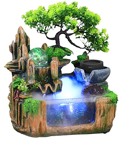 Zimmerbrunnen Wasserfall mit LED Beleuchtung, Deko Tischbrunnen Indoor Springbrunnen Innen mit Nebel, Tisch Grüne Pflanze Brunnen Wohnzimmer Deko für Schlafzimmer & Büro (25X15X27cm)