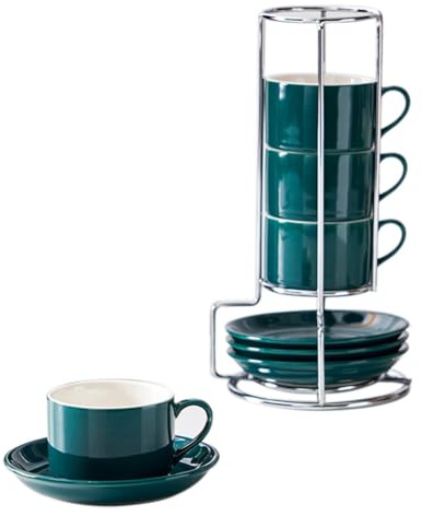 Flaroey Tazas de Capuchino Apilables de Porcelana con Platillos y Soporte de Metal, Tazas de Espresso para Café con Leche, Café Especial e