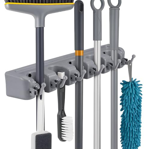 Broom Mop Holder Wall Mounted Heavy Duty Broom Storage with 5 Slot 6 Hooks Utility Room Storage Solutions for Broom Cupboard Kitchen Bathroom Garage and Garden Tool Organiser (1*Dark Grey)