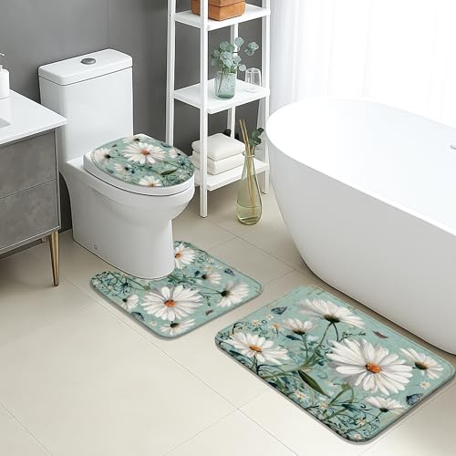 Juego de tapetes de baño de primavera de 3 piezas, diseño floral de crisantemo verde absorbente, antideslizante, en forma de U, lavable, inspirado en la naturaleza, juego de alfombras de baño de