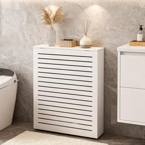 Cache-Radiateur Étagère supérieure à persiennes blanches – Housse de chauffage décorative et organisateur de rangement pour cuisine, salon, salle de bain 70 * 80 * 20cm