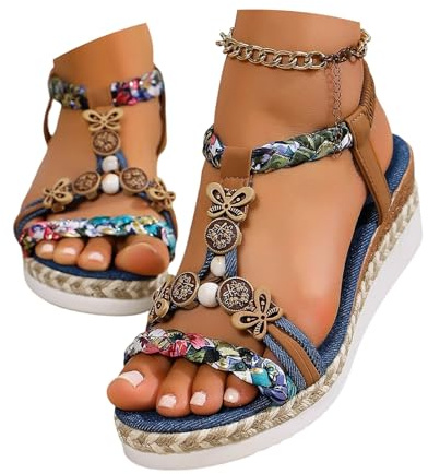 Générique Sandale Femme Ete Confort, Sandales Femme été Plates, Sandals Bohèmes à Bride Cheville Espadrilles D' à Plateforme Et Bout Ouvert Tressé Femmes Sandales Sandale Sandals