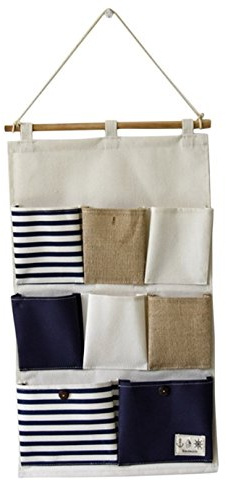 DUBENS Leinen Hängeorganizer Aufbewahrungstasche Ordnungssystem Speicherbeutel Hängeschrank Organizer Hängeaufbewahrung für Schrank Tür Wand mit 5 Taschen für Bad, Schlafzimmer, Küche (Blau weiß)