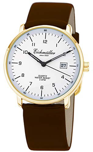 Eichmüller Herren Armbanduhr | Quarzuhr mit Datum | Lederband > braun | Ziffernblatt > weiß